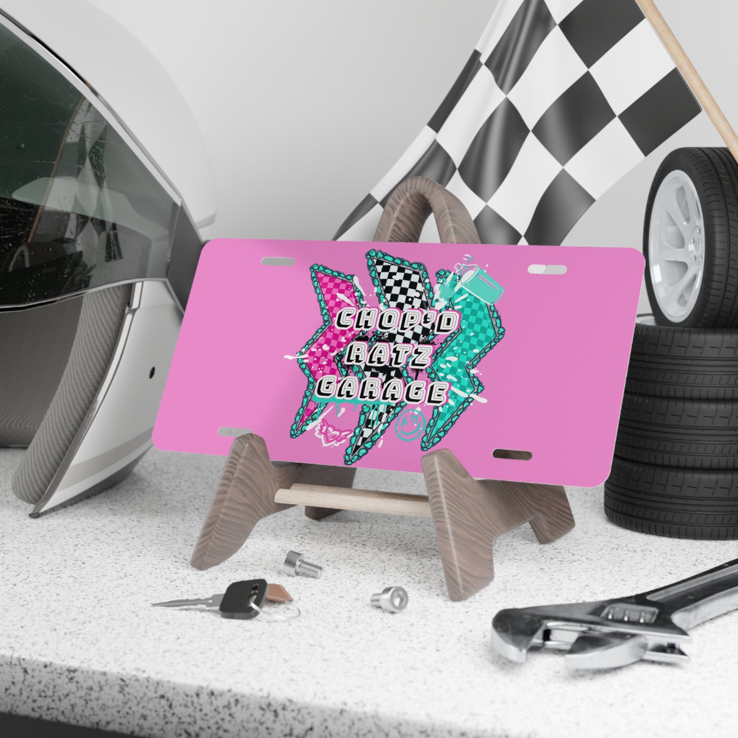 ChopD Ratz Garage Pink Retro Checkered Vanity Plate — License Tag