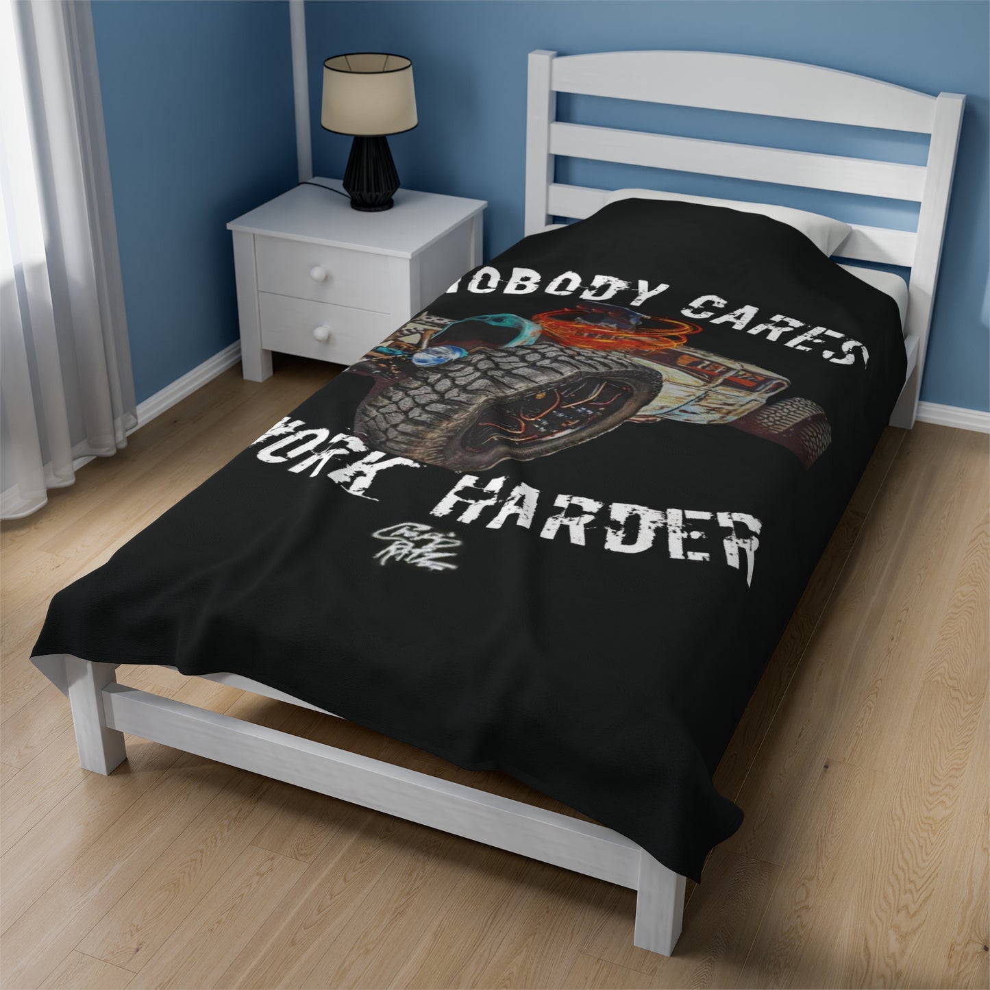 NOBODY CARES WORK HARDER Velvet Plush Blanket - Chop'D Ratz Garage