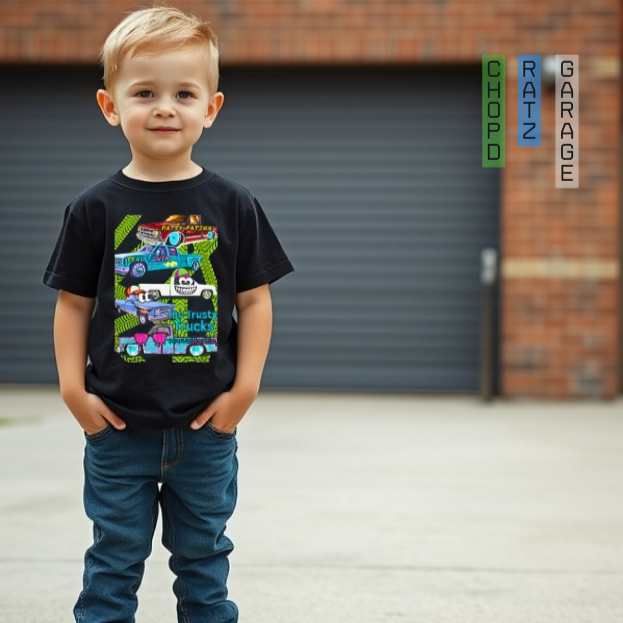 CHEVY TRUCKS, THE TRUSTY TRUCKS toddler black shirt by author Candice Ballard