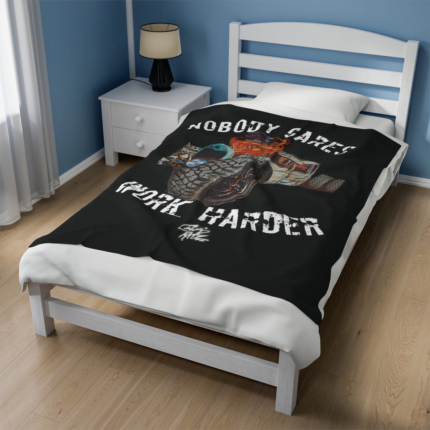 NOBODY CARES WORK HARDER Velvet Plush Blanket - Chop'D Ratz Garage