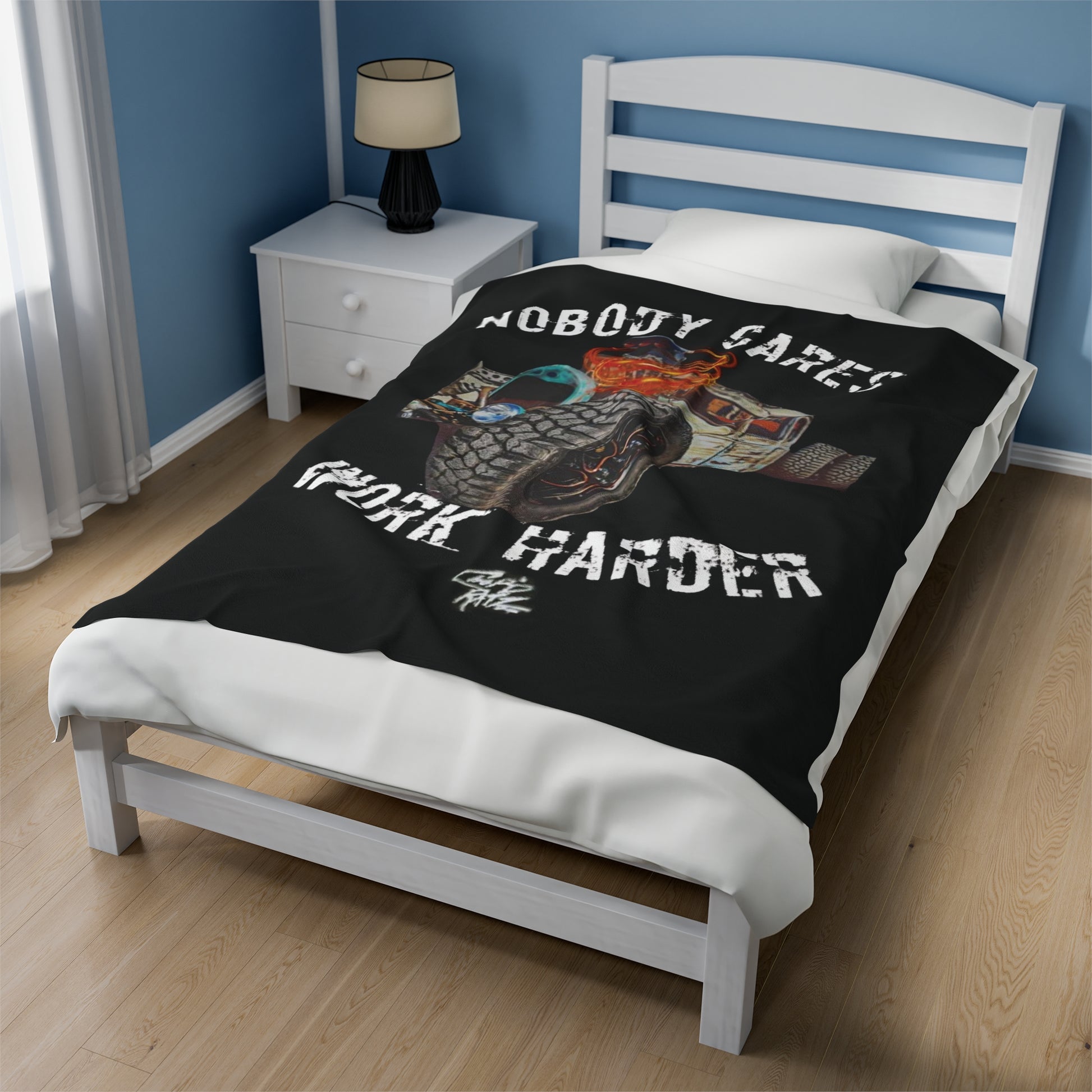 NOBODY CARES WORK HARDER Velvet Plush Blanket - Chop'D Ratz Garage