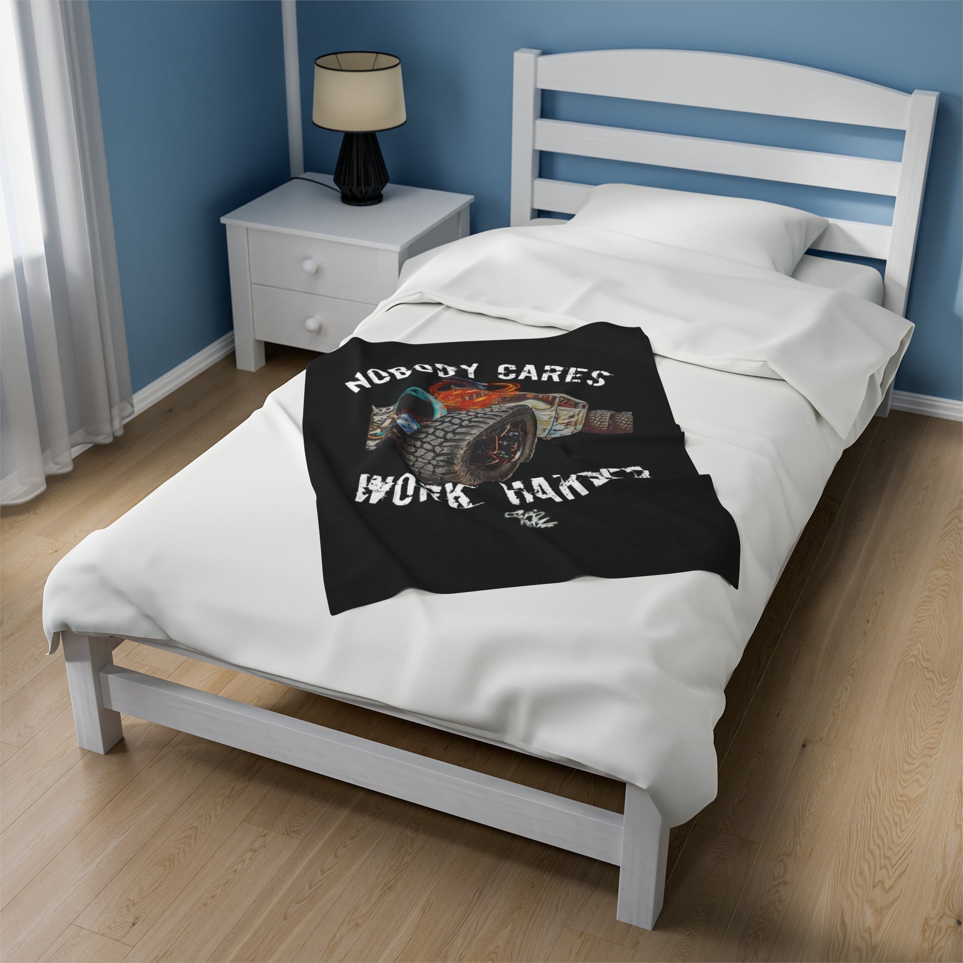 NOBODY CARES WORK HARDER Velvet Plush Blanket - Chop'D Ratz Garage