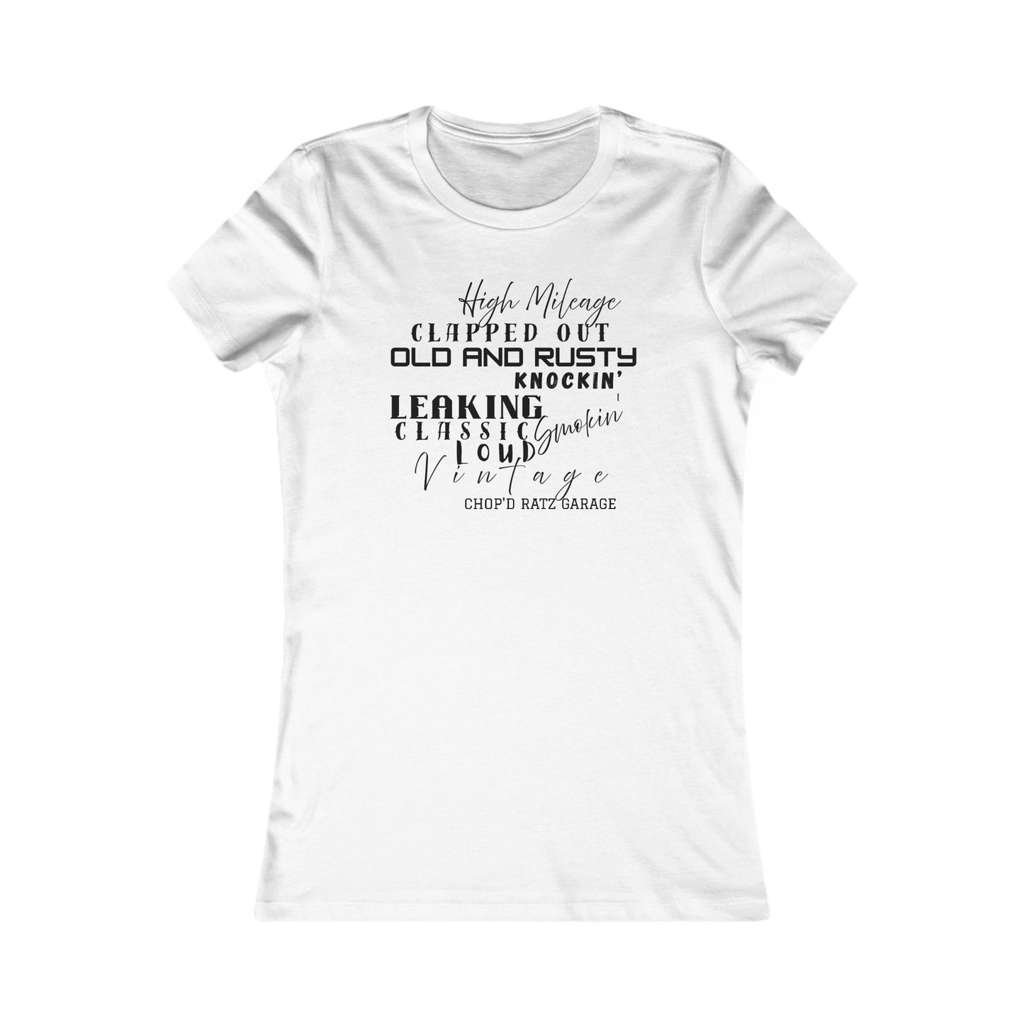 HIGH MILEAGE - LADIES FIT - Vintage-Inspired Women's Tee: High Mileage Humor, Classic Cars, Casual Wear - Chop'D Ratz Garage