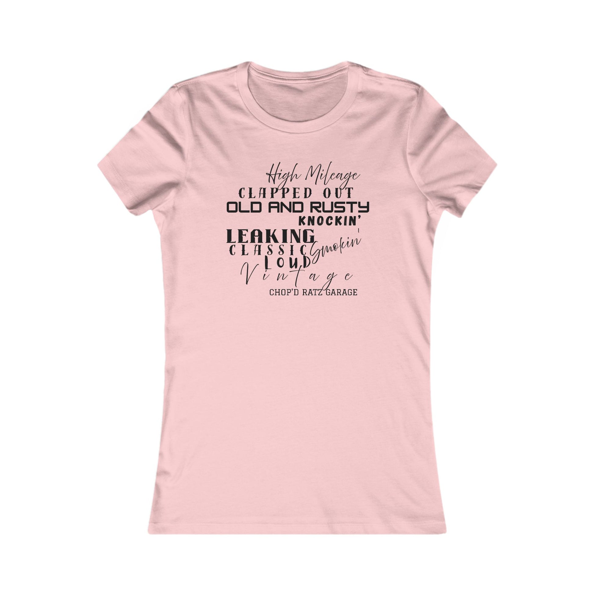 HIGH MILEAGE - LADIES FIT - Vintage-Inspired Women's Tee: High Mileage Humor, Classic Cars, Casual Wear - Chop'D Ratz Garage