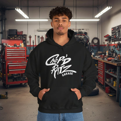 Person wearing a black hoodie with 'Chop'D Ratz Garage' text