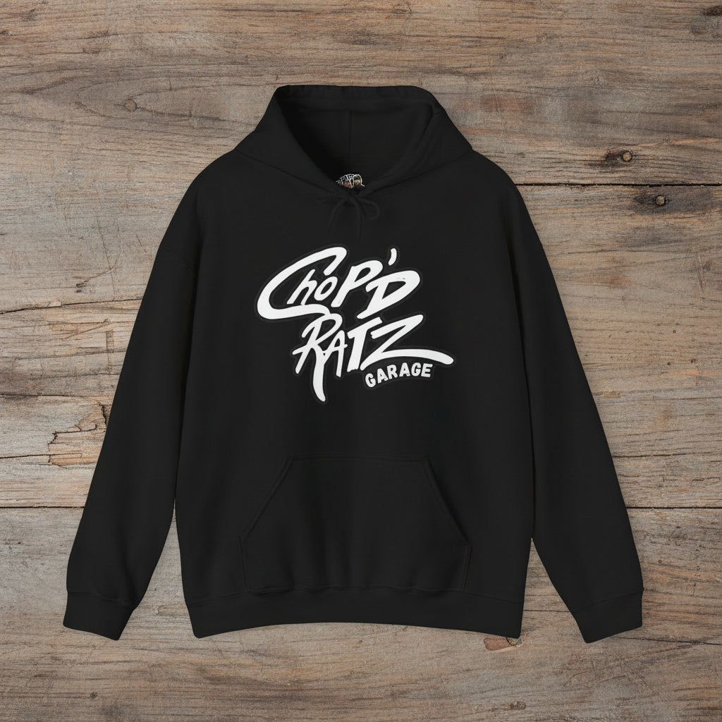 Black hoodie with white text laid flat