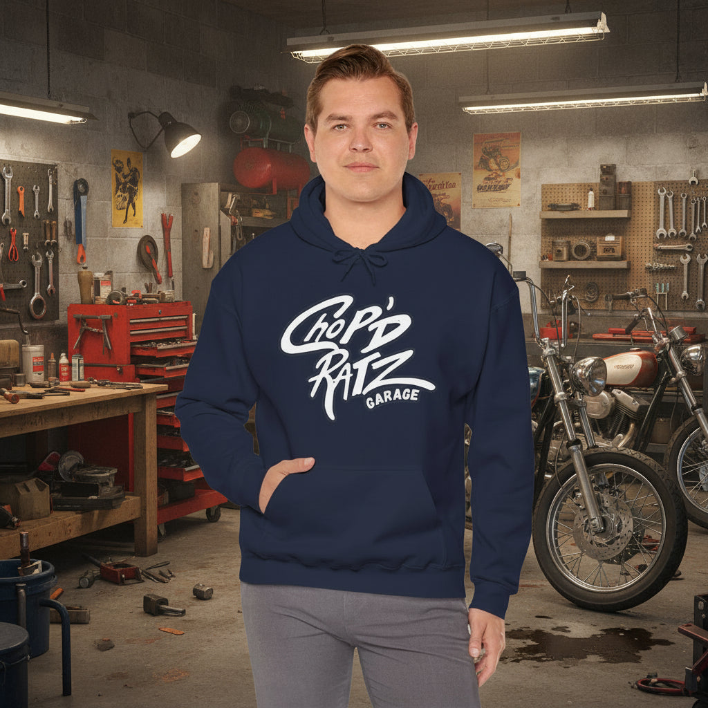 Man wearing a navy hoodie with 'Chop'D Ratz Garage' text 