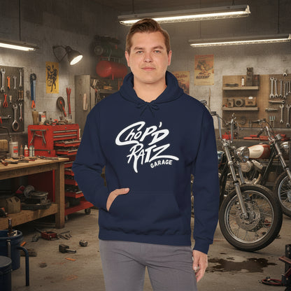 Man wearing a navy hoodie with 'Chop'D Ratz Garage' text 