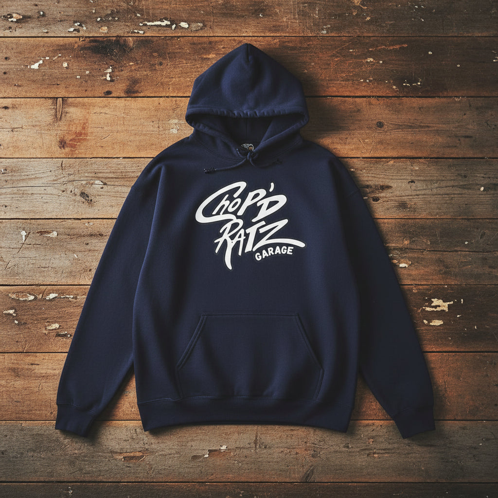 Navy blue hoodie with white text laid flat
