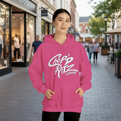 Person wearing a green hoodie with 'CHop'D Ratz Garage' text