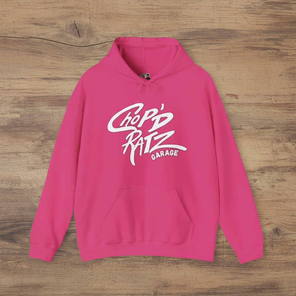 Pink hoodie with white text pink laid flat