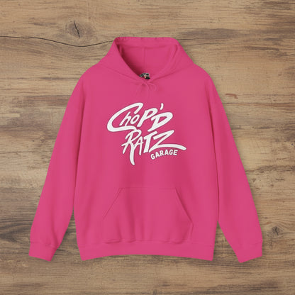 Pink hoodie with white text pink laid flat