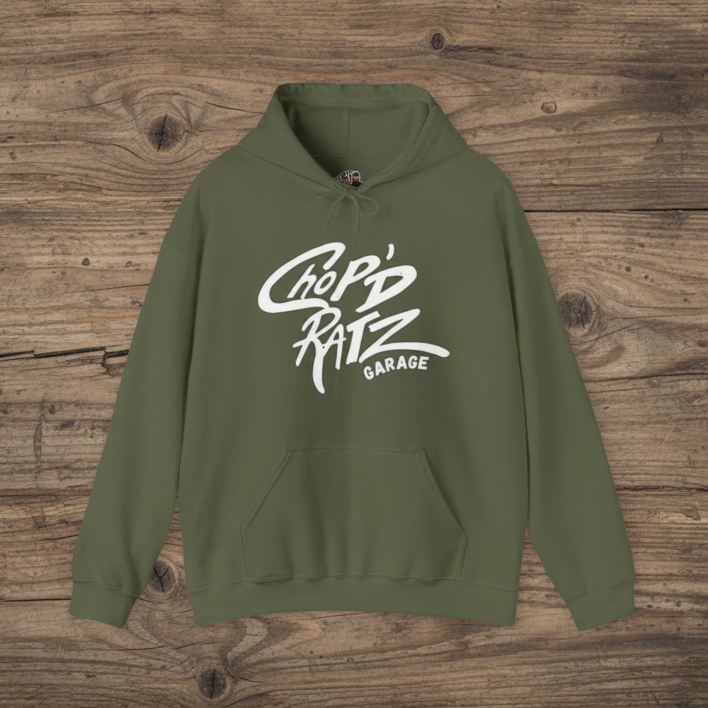 Green hoodie with 'Chop'd Ratz Garage' text flat