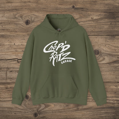Green hoodie with 'Chop'd Ratz Garage' text flat