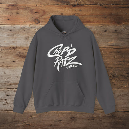 Gray hoodie with white text flat