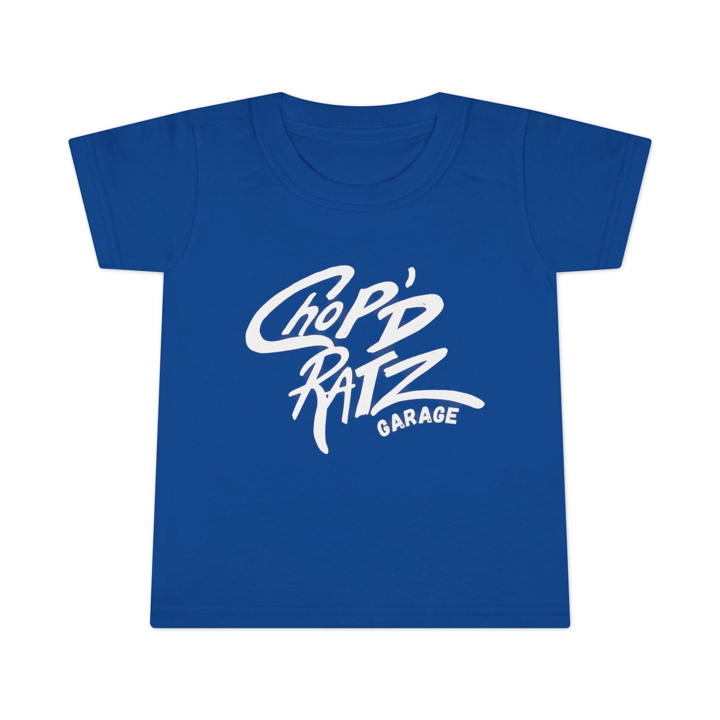 Blue t-shirt with white text 'Chop Ratz Garage' on a white background