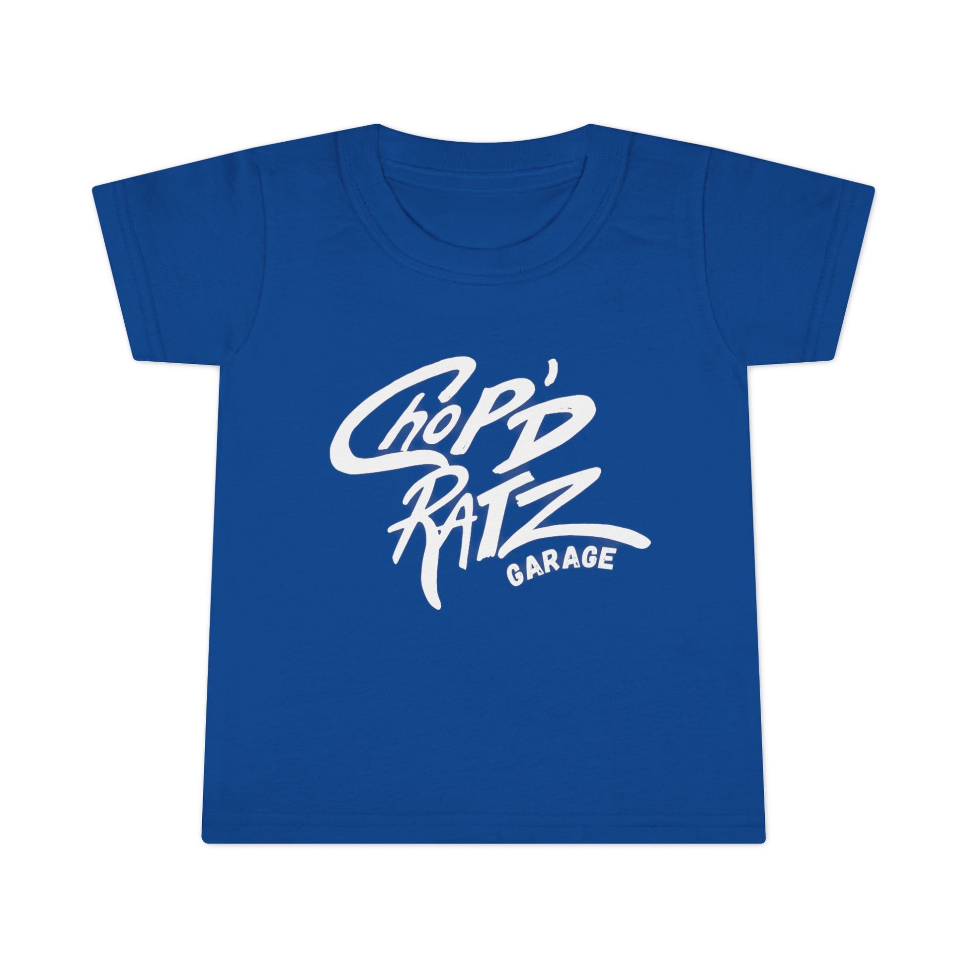 Blue t-shirt with white text 'Chop Ratz Garage' on a white background