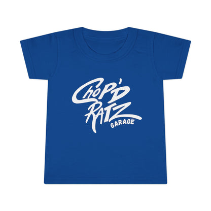 Blue t-shirt with white text 'Chop Ratz Garage' on a white background