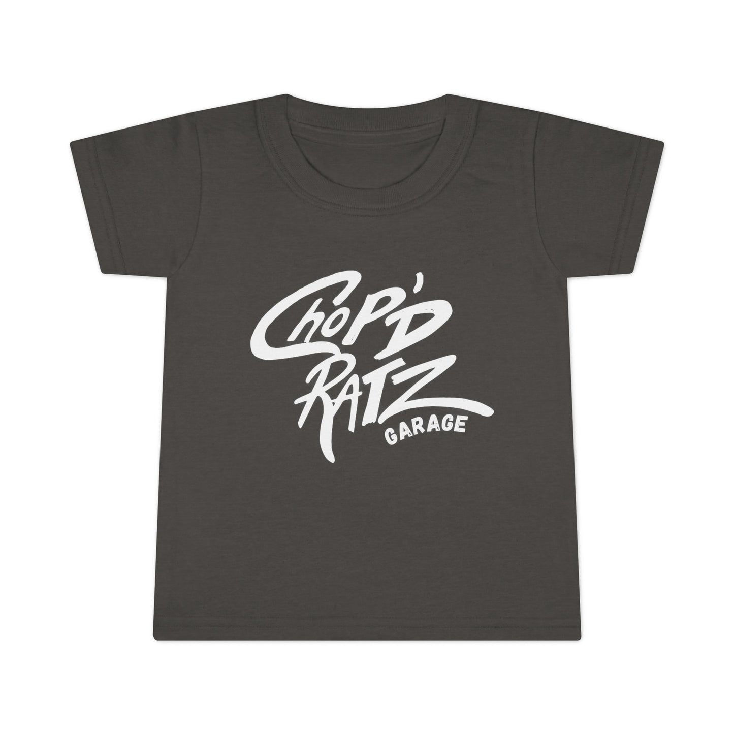 Black t-shirt with white 'Chop'd Ratz Garage' text