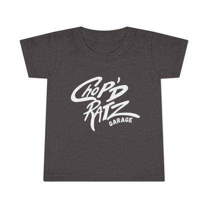 Black t-shirt with white 'Chop'd Ratz Garage' text