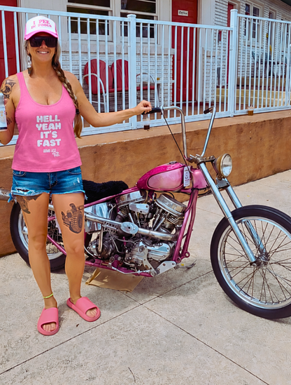 Candice riocking the HELL YEAH IT'S FAST Tank Top in Hot Pink