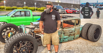 HELL YEAH IT'S FAST Shirt Cooley wearing the black unisex shirt.