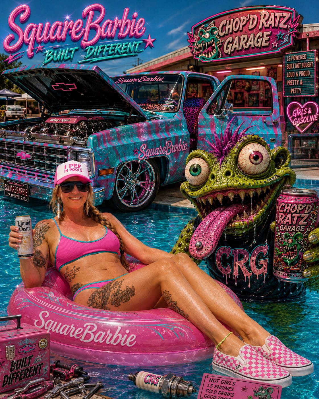 I PEE IN POOLS truck her in pink on Candice Ballard relaxing in a pool outside the Chop'D Ratz Garage studios and her infamous Chevy C10 SquareBarbie with all things hot pink and teal and some razzle dazzle.